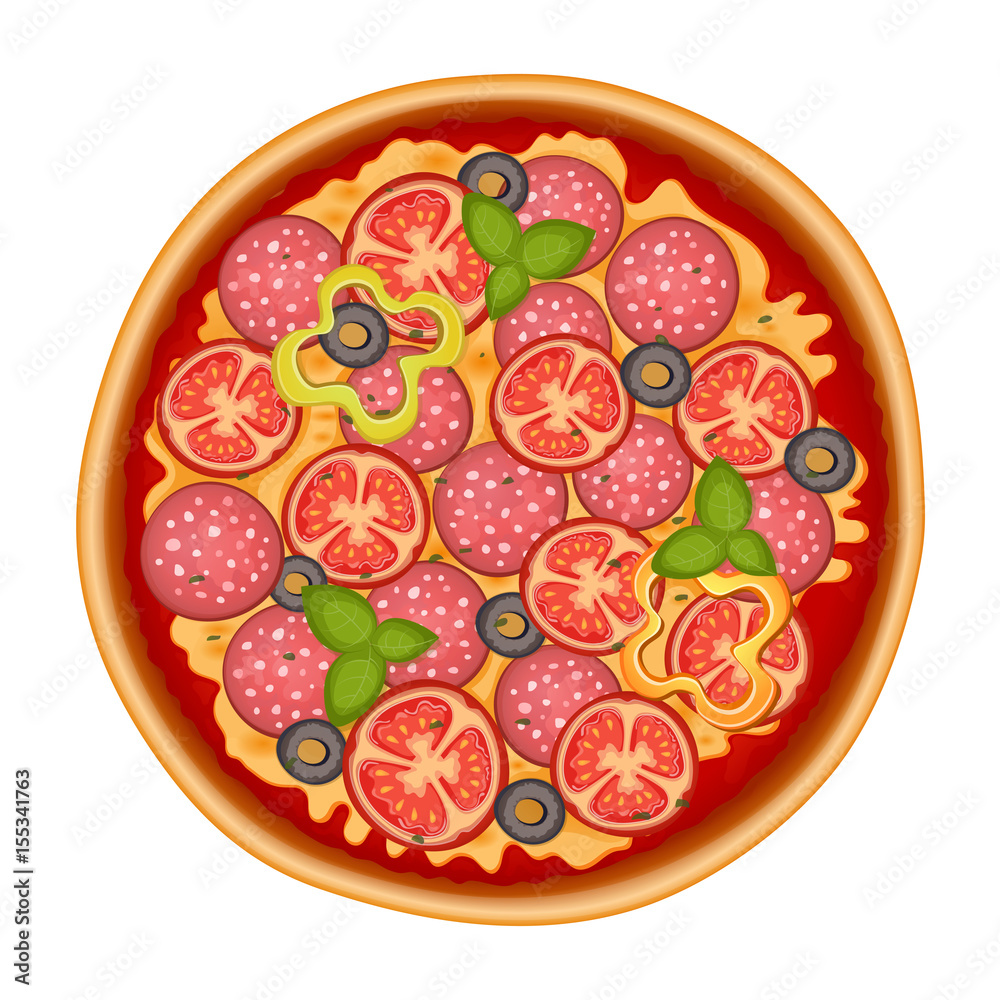 Delicious italian pizza icon with pepperoni isolated on white Delicious italian pizza icon with pepperoni isolated on white