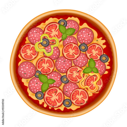 Delicious italian pizza icon with pepperoni isolated on white