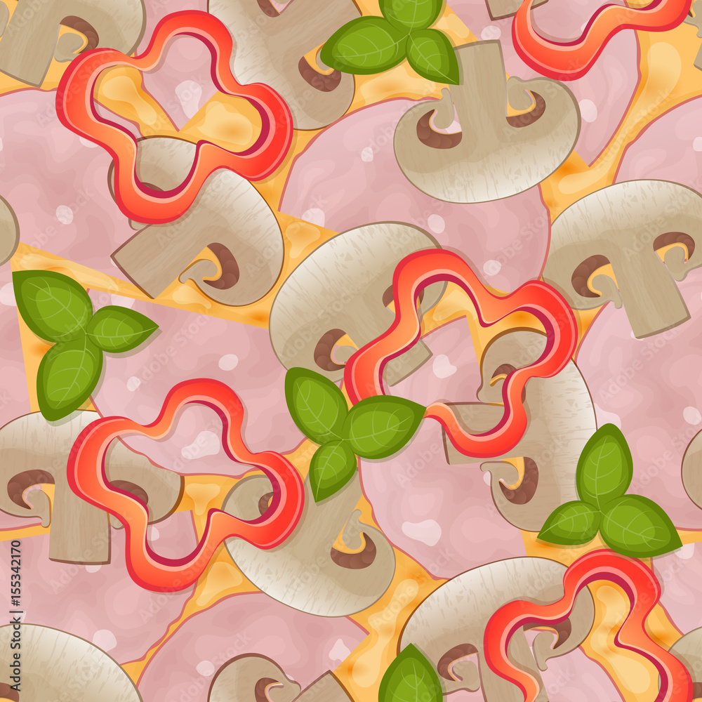 Background seamless pattern Delicious pizza with bacon and mushroom Background seamless pattern Delicious pizza with bacon and mushroom
