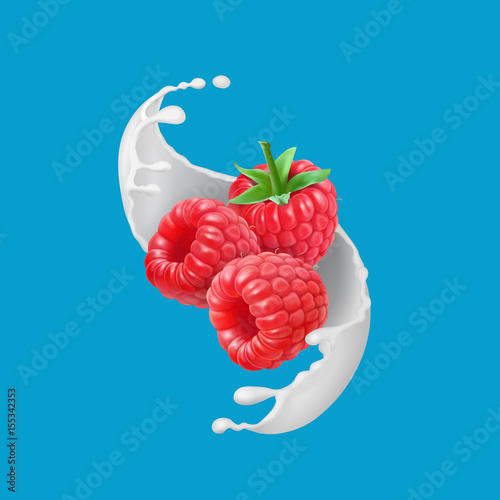 Raspberry fruits and milk splash. 3d icon realistic . Vector illustration