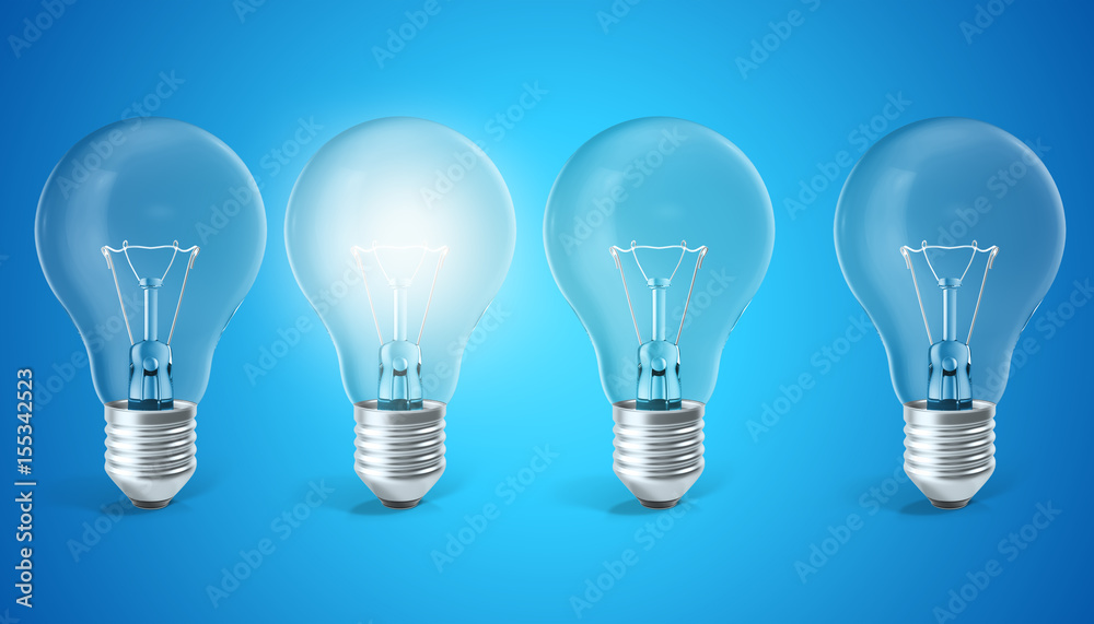 Group of lamp bulbs on blue background with single glowing bulb. Concept innovation ideas, 3d rendering Group of lamp bulbs on blue background with single glowing bulb. Concept innovation ideas, 3d rendering