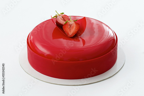 red mousse cake on white background