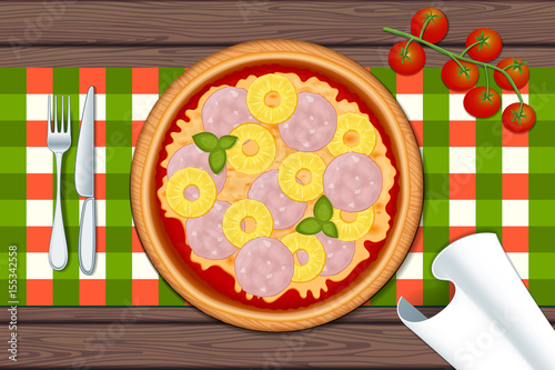 Hawaiian delicious pizza on wood table with ham and pineapple