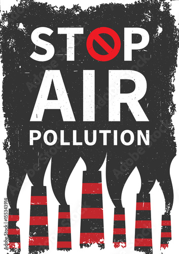 Stop air pollution vector illustration. Fumes from industrial pipes pollute environment graphic design. Ecological problems with toxic atmosphere creative concept.
