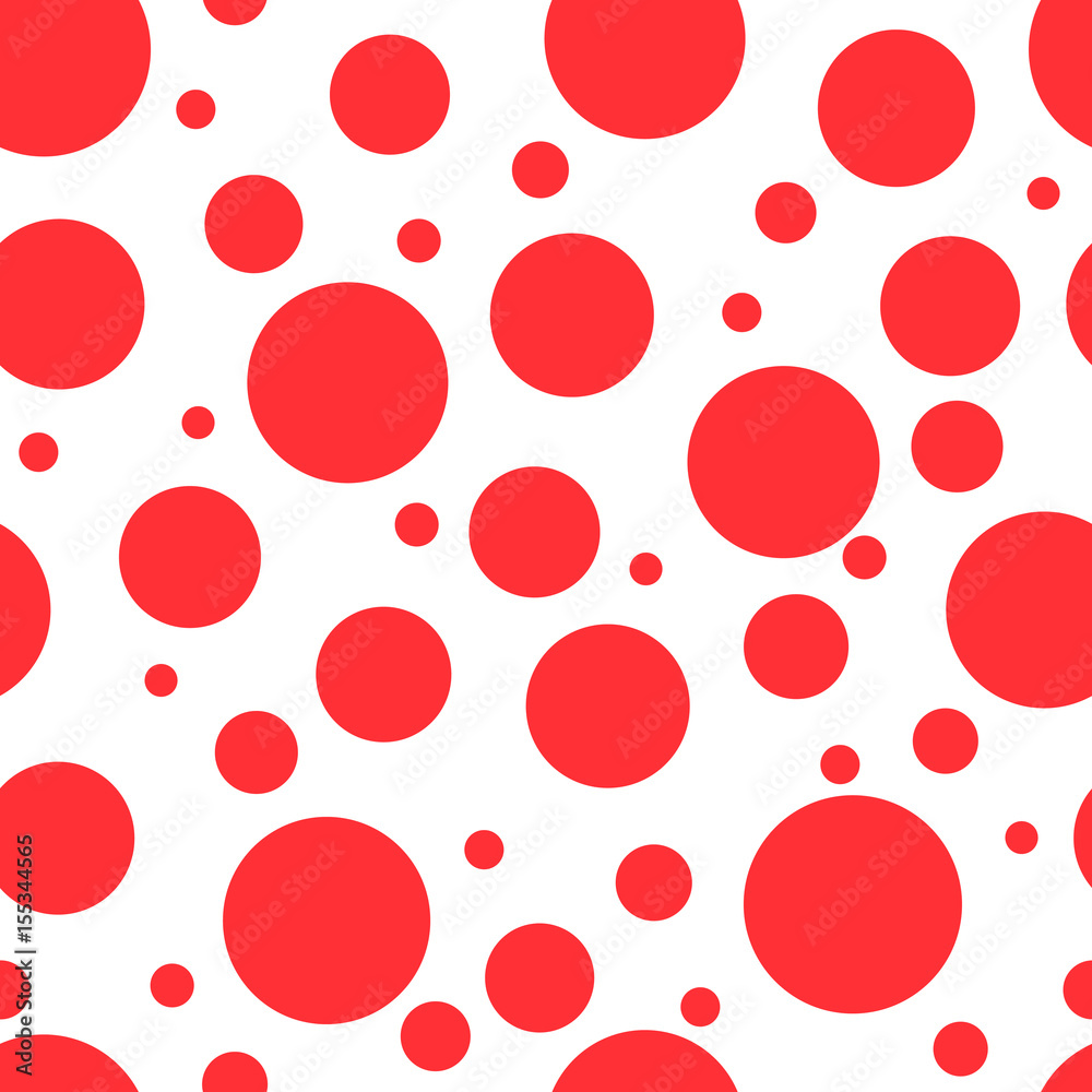 Red Circles of Different Sizes on White Background, Seamless Abstract Pattern for Fabric and Wrapping Paper, Polka Dot, Vector Illustration