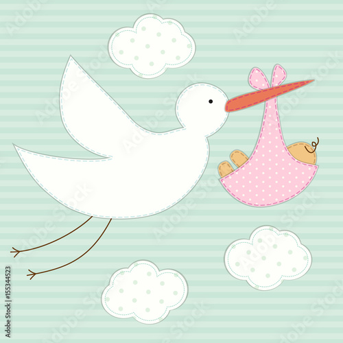 Cute baby shower card as retro fabric patch applique of stork and newborn baby
