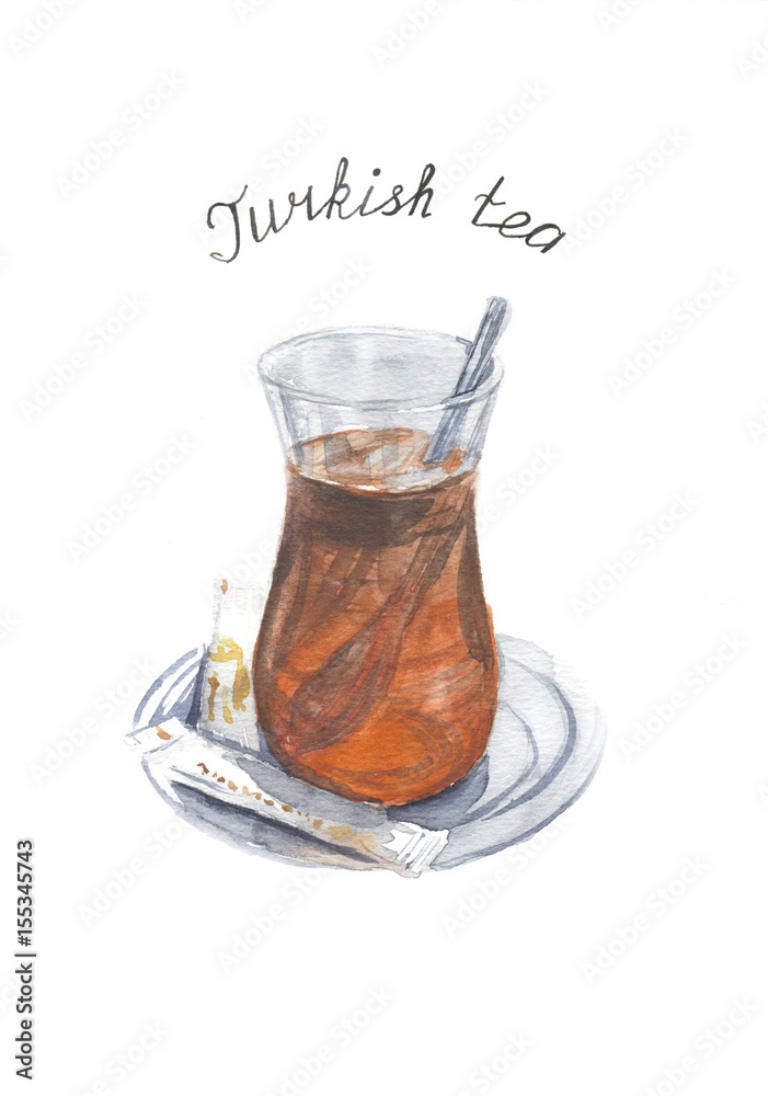 Watercolor cup of turkish tea isolated on white background Watercolor cup of turkish tea isolated on white background