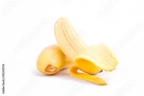  peeled egg banana and ripe Golden bananas on white background healthy Pisang Mas Banana fruit food isolated 