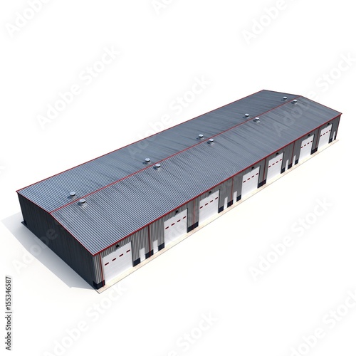 Facade of storage warehouse with closed gate isolated on white. 3D illustration