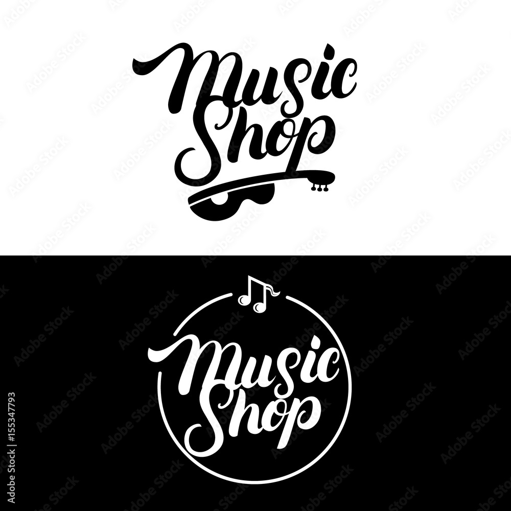 Plakat Zestaw Music Shop ręcznie napisanych logo, etykiet, odznak, emblematów.