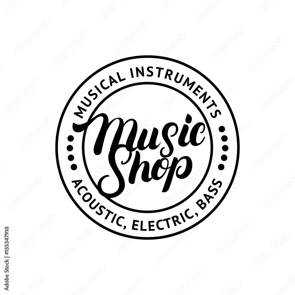 Music Shop hand written lettering logo, label, badge, emblem.
