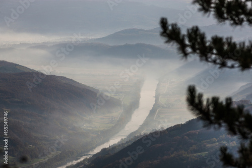 View from Tara mountain in Serbia, Europe. Drina river in the distance.