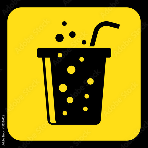 yellow, black sign - carbonated drink with straw