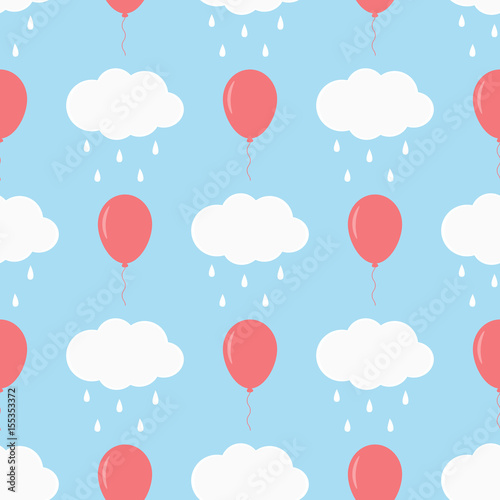 Clouds with raindrops and flying balloons. Children's seamless pattern.