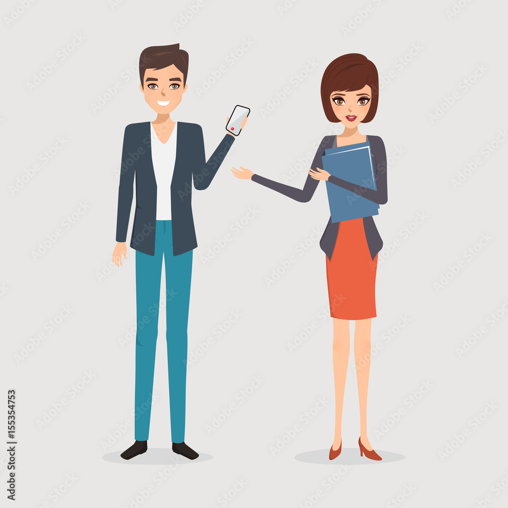 Business man and woman presenting a mobile phone. people character.