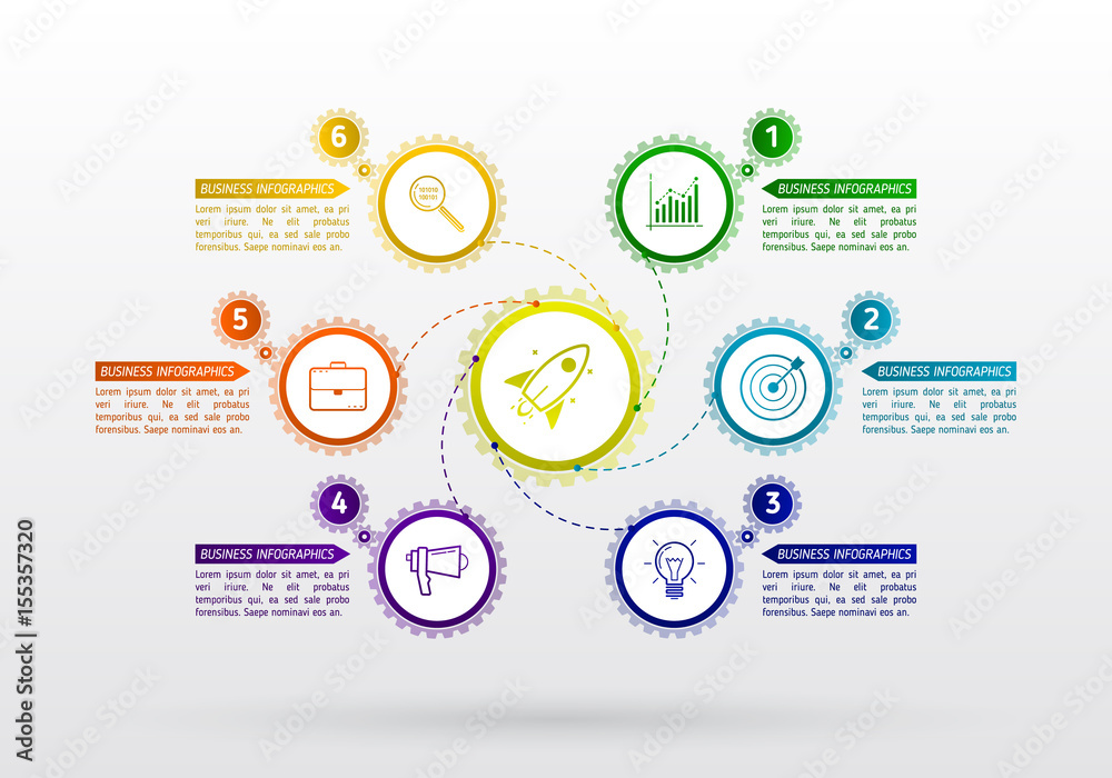 Abstract gears infographic with 6 steps. Mechanism with integrated gears and icons for business presentations or information banner. Modern design of background esp 10