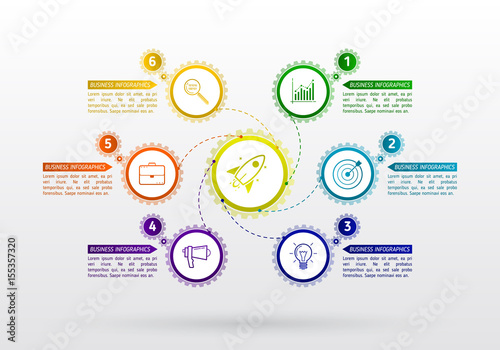 Abstract gears infographic with 6 steps. Mechanism with integrated gears and icons for business presentations or information banner. Modern design of background esp 10