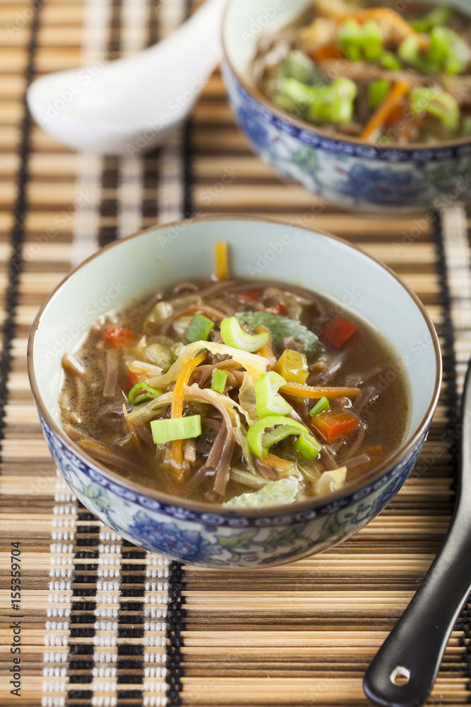 Asian soup with noodles in a decorated bowl. Ramen Asian soup with noodles in a decorated bowl. Ramen