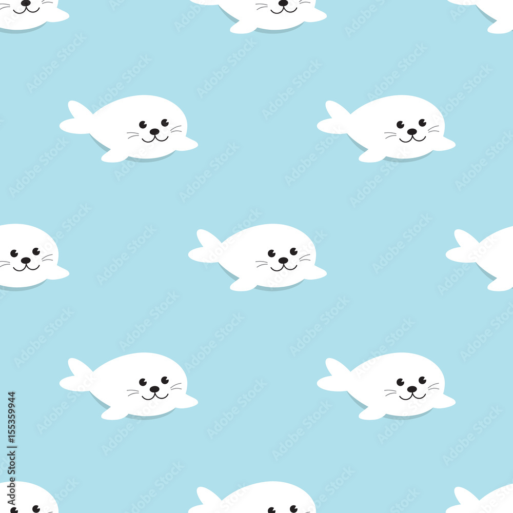 Cute Baby Seal Pup cartoon character on blue background. Seamless pattern Harp seal pup invitation card Flat design Vector illustration.