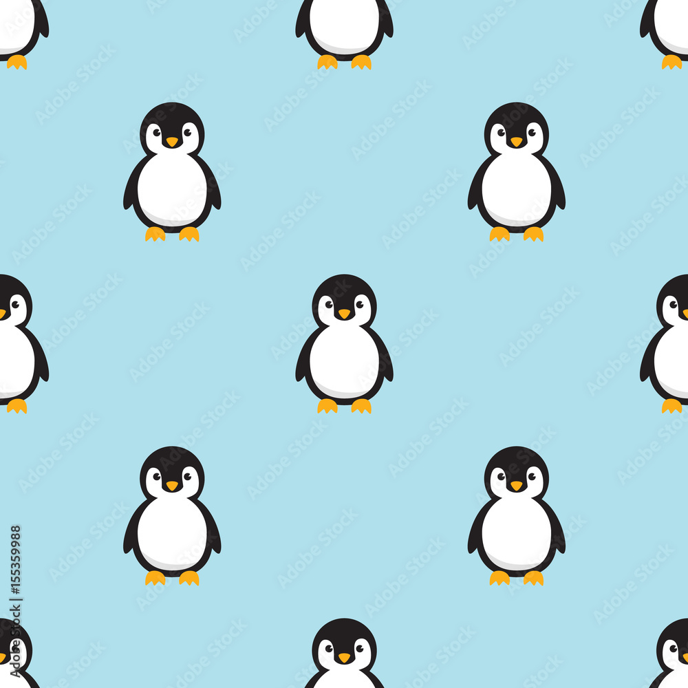 Obraz premium Seamless pattern Baby Penguin standing on sky blue background. Cute Penguin cartoon flat design vector illustration.