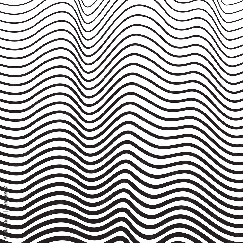 Abstract isolated black and white wavy stripes vector background. Optical illusion
