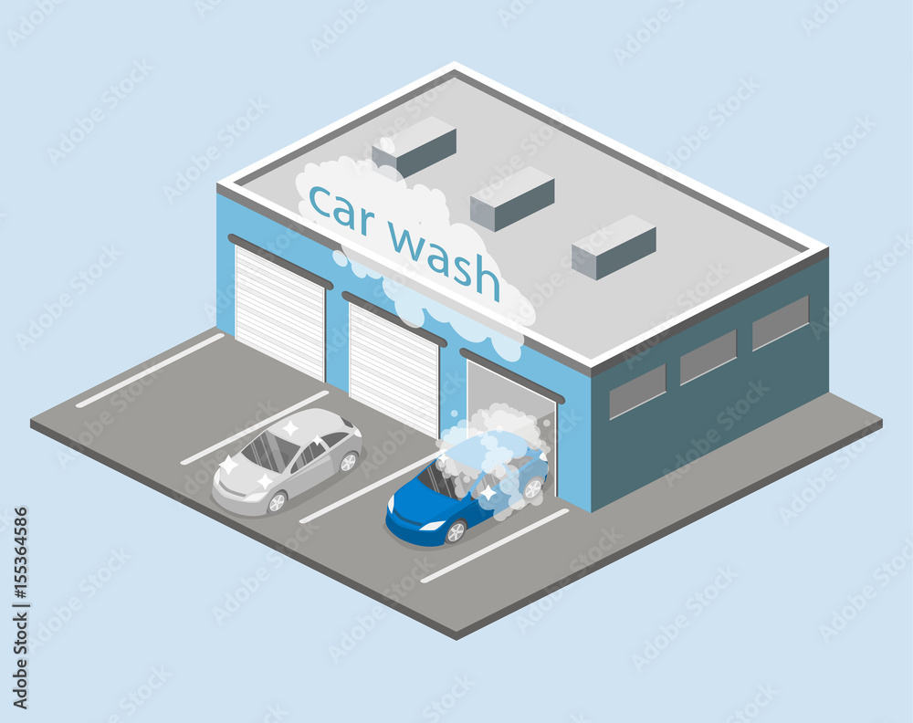 Isometric flat 3D isolated vector cutaway building car wash service.