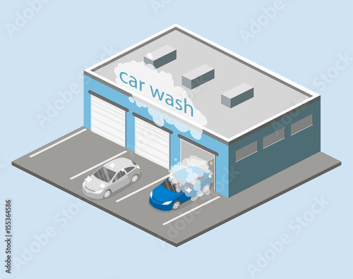 Isometric flat 3D isolated vector cutaway building car wash service.