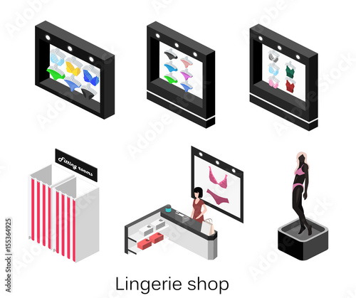 Isometric flat 3D isolated concept vector cutaway interior lingerie store photo