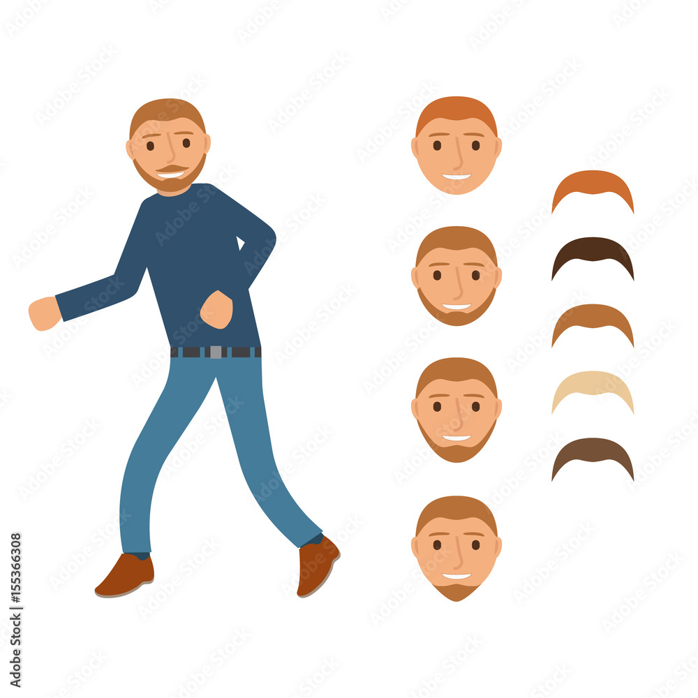 Funny cartoon smiling man dancing listening character the flat   young man with  of cheerful business man over white  background. Stock Vector | Adobe Stock