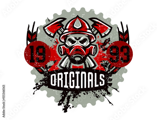 Vector illustration on the theme of rescuers, fire department, a skull in a fireman's helmet, axes. Grunge effect, text, inscription. Typography, T-shirt graphics, print, banner, poster, flyer