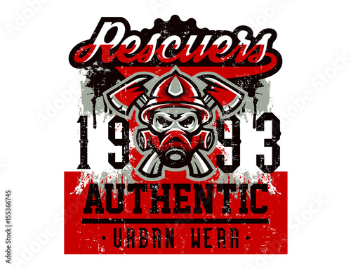 Vector illustration on the theme of rescuers, fire department, a skull in a fireman's helmet, axes. Grunge effect, text, inscription. Typography, T-shirt graphics, print, banner, poster, flyer