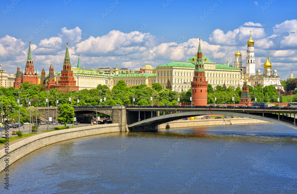 Moscow Kremlin and River in Moscow, Russia. Moscow architecture and landmark. Moscow cityscape.