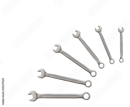 Row of mechanic silver metal tool wrench for repair isolated on white