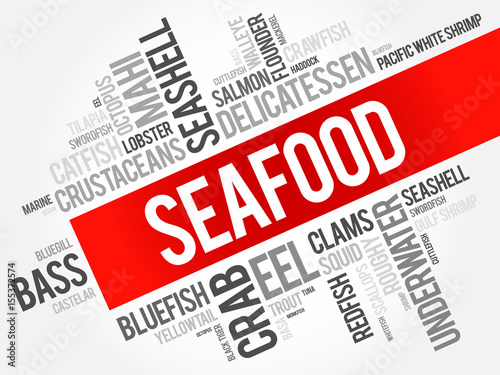 Seafood word cloud collage, food concept background