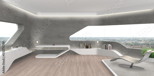Fototapeta Projekt wnętrz futurystycznego salonu z odkrytym betonem