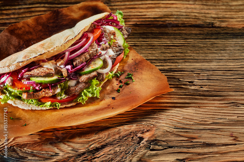 Oriental doner kebab with flaked roast meat