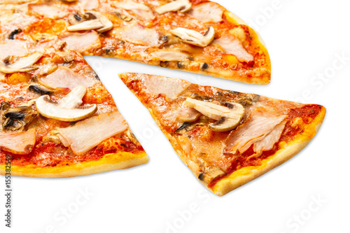 Delicious pizza with ham and mushrooms isolated