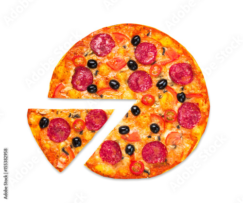 Cuadro en lienzo Delicious italian pizza with salami, top view on white