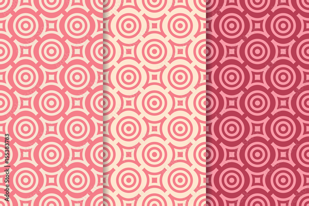Red geometric seamless patterns with circle elements. Textile or wallpaper background