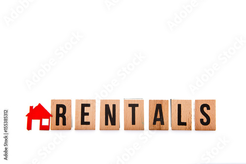 House Rentals - block letters with red home / house icon with white background 