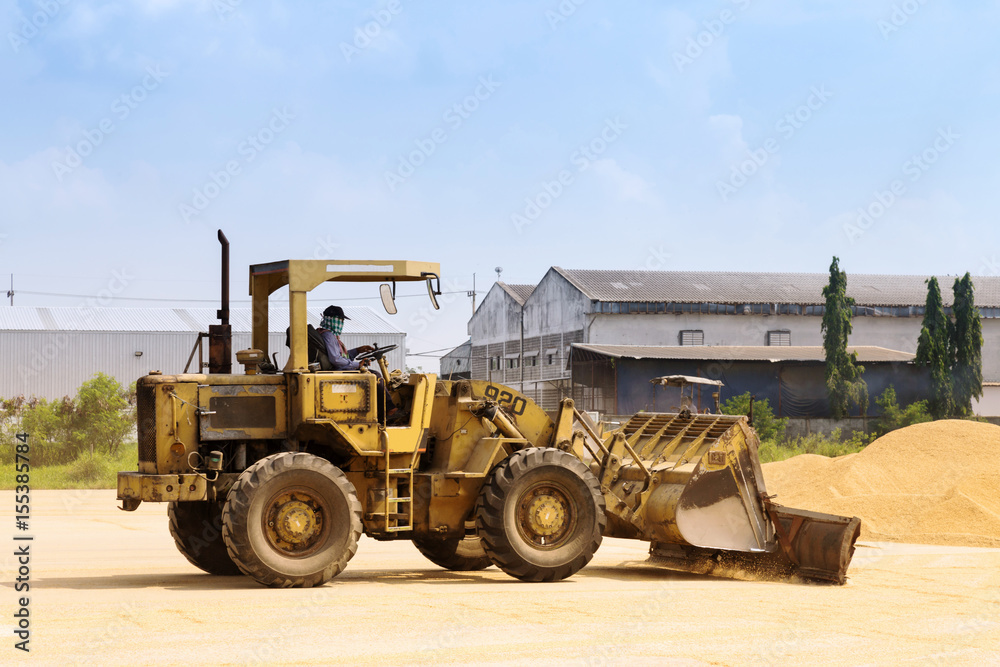 worker is driving a tractor to sweeping paddy rice seeds on the ground after finished drying process outside the rice mill in Ayutthaya, Thailand. agriculture industry. worker is driving a tractor to sweeping paddy rice seeds on the ground after finished drying process outside the rice mill in Ayutthaya, Thailand. agriculture industry.