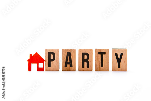 House Party - block letters with red home / house icon with white background 