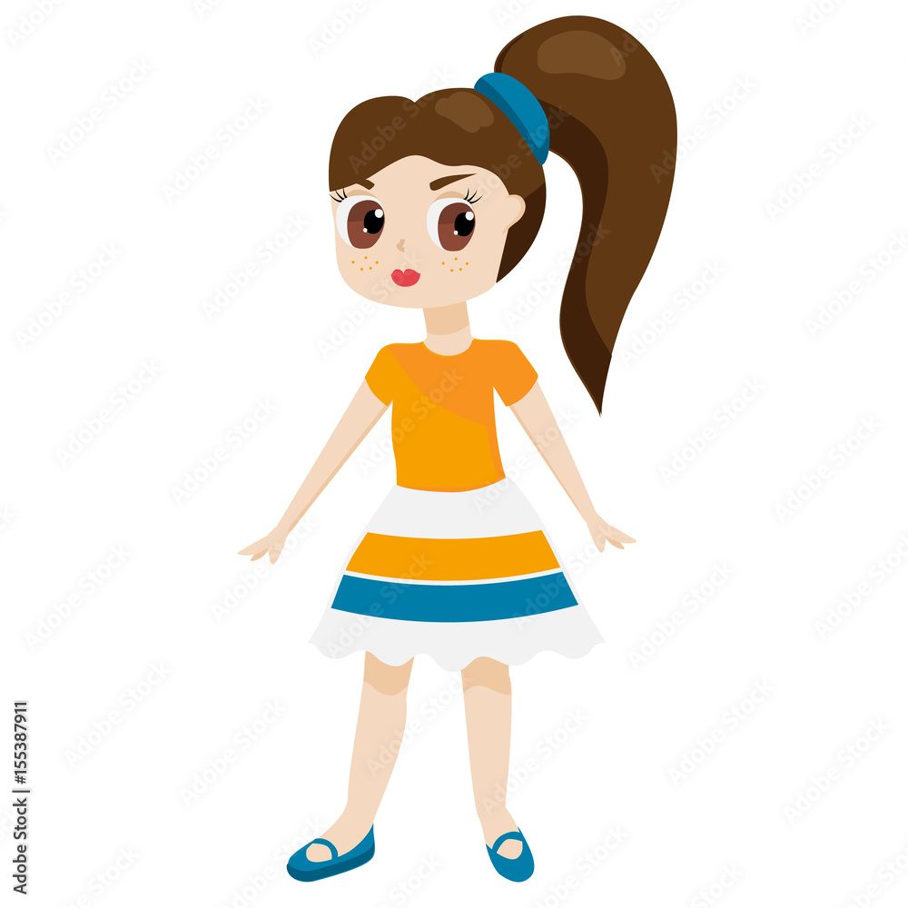 Cartoon Girl in spring summer dress. Brown hair female kid
