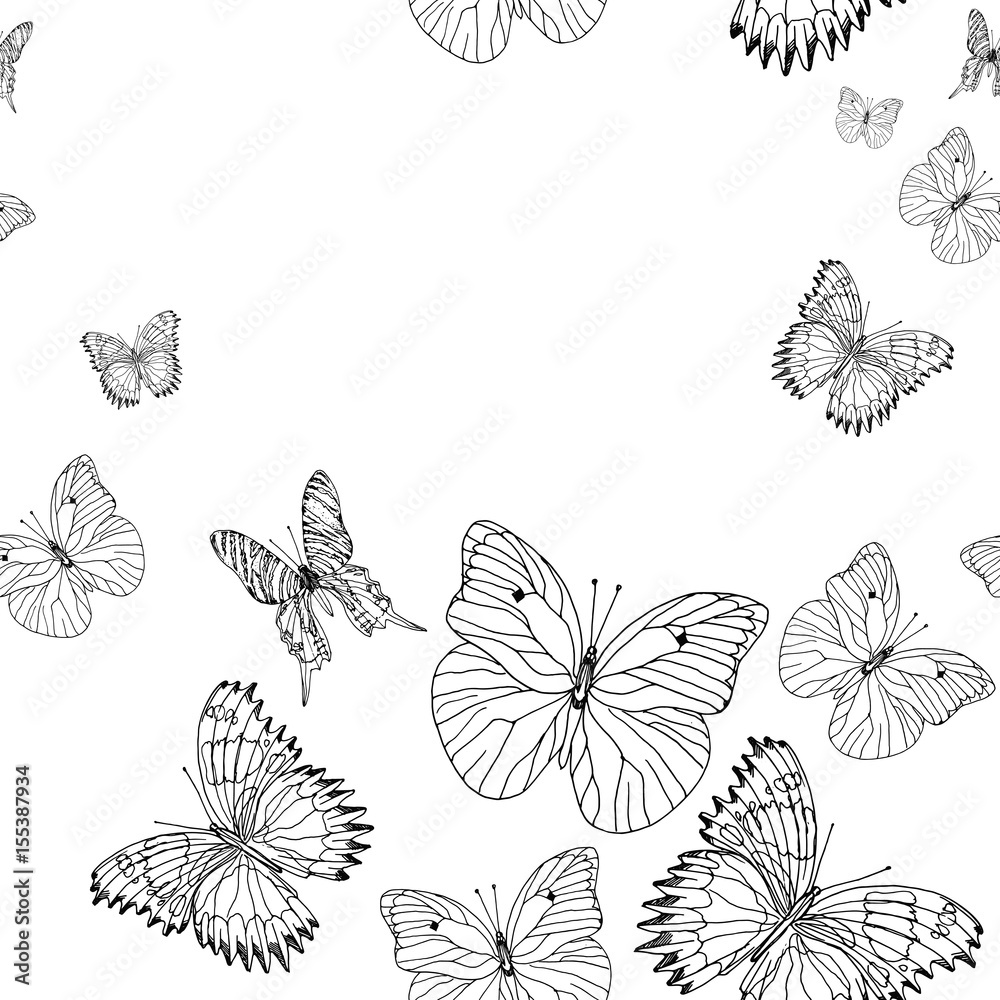 Background pattern of butterflies black and white hand drawn ink image ...