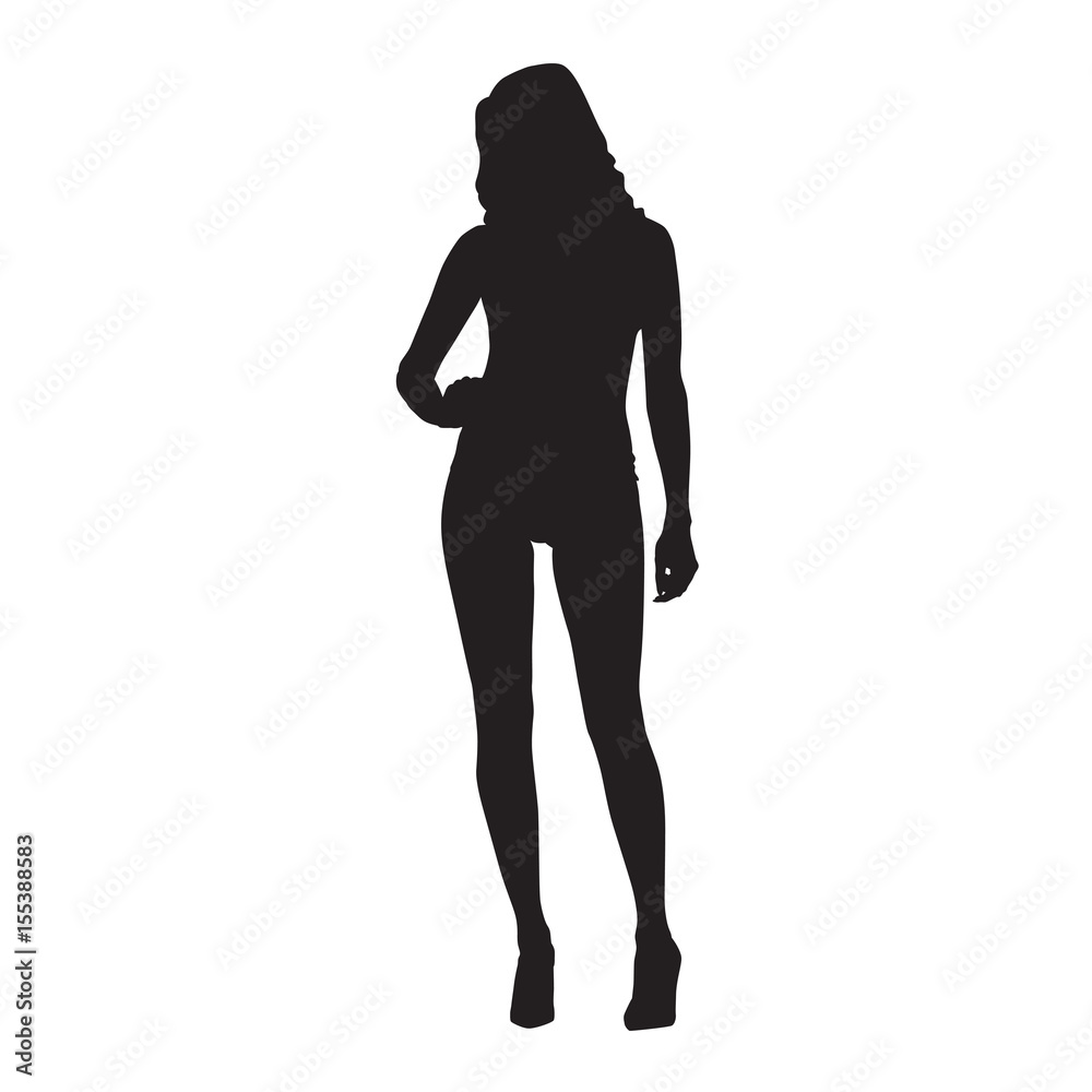Sexy slim woman standing with hand on her hip, vector silhouette