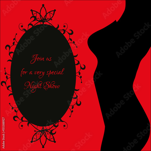 Night show banner with sexy woman's body silhouette and decorative frame