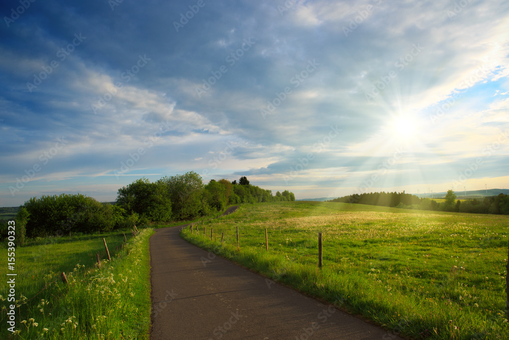 Obraz premium Road in field with clouds and sun.