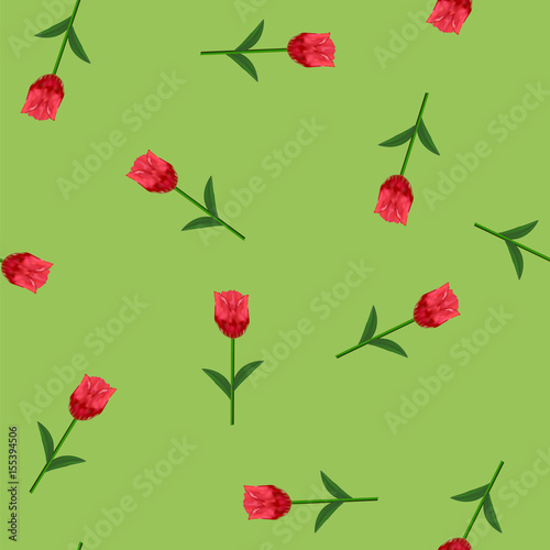 Spring Red Flower Seamless Pattern on Green Background