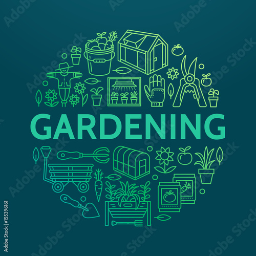 Gardening, planting horticulture banner with vector line icon. Garden equipment, organic seeds, green house, pruners watering can, tools. Vegetables, flower cultivation poster with place for text.