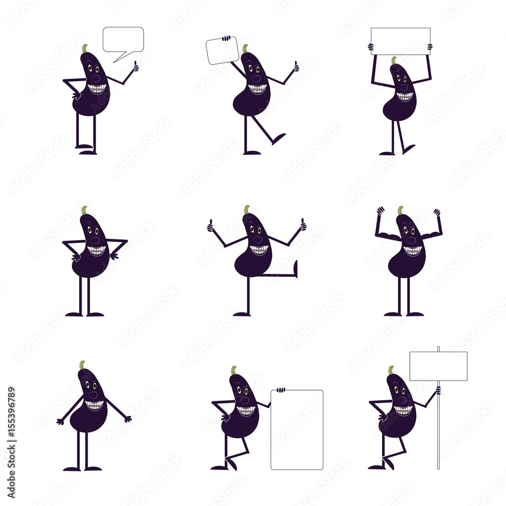 Naklejka premium Set of eggplants emotion icons on white stock vector illustration